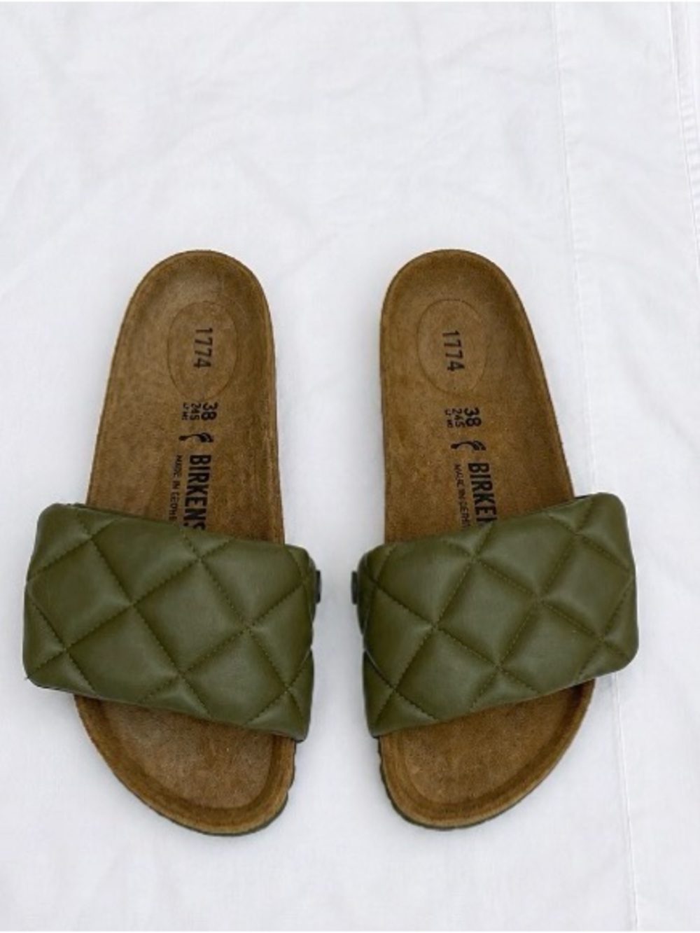 Birkenstock 1774 Quilted Slides Sandals Olive Green EUR 38/M5/L 7 Narrow leather